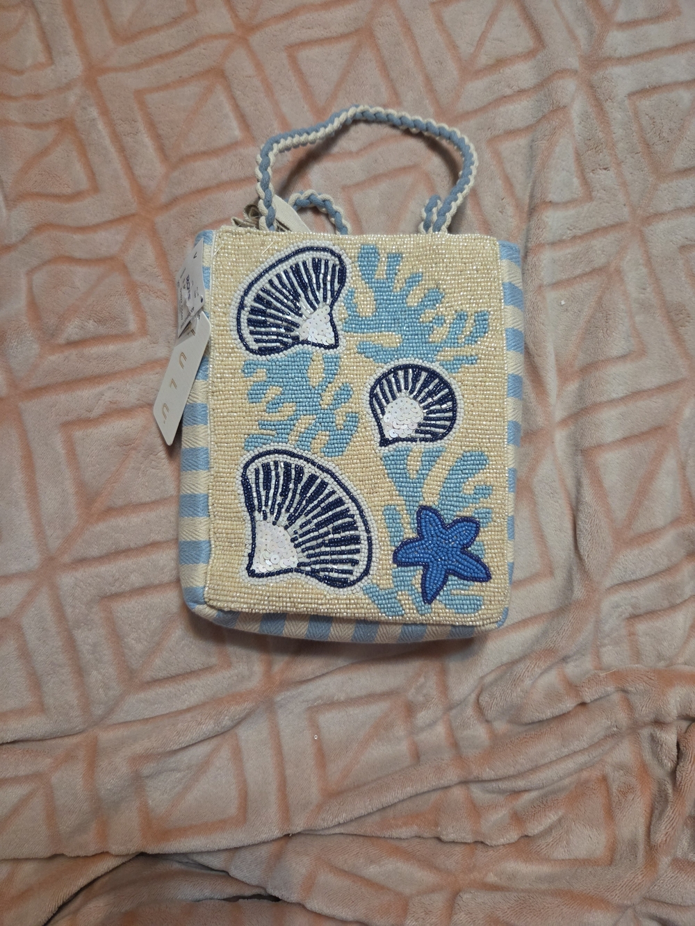 Beaded Seashell Mini Tote - Blue & Cream